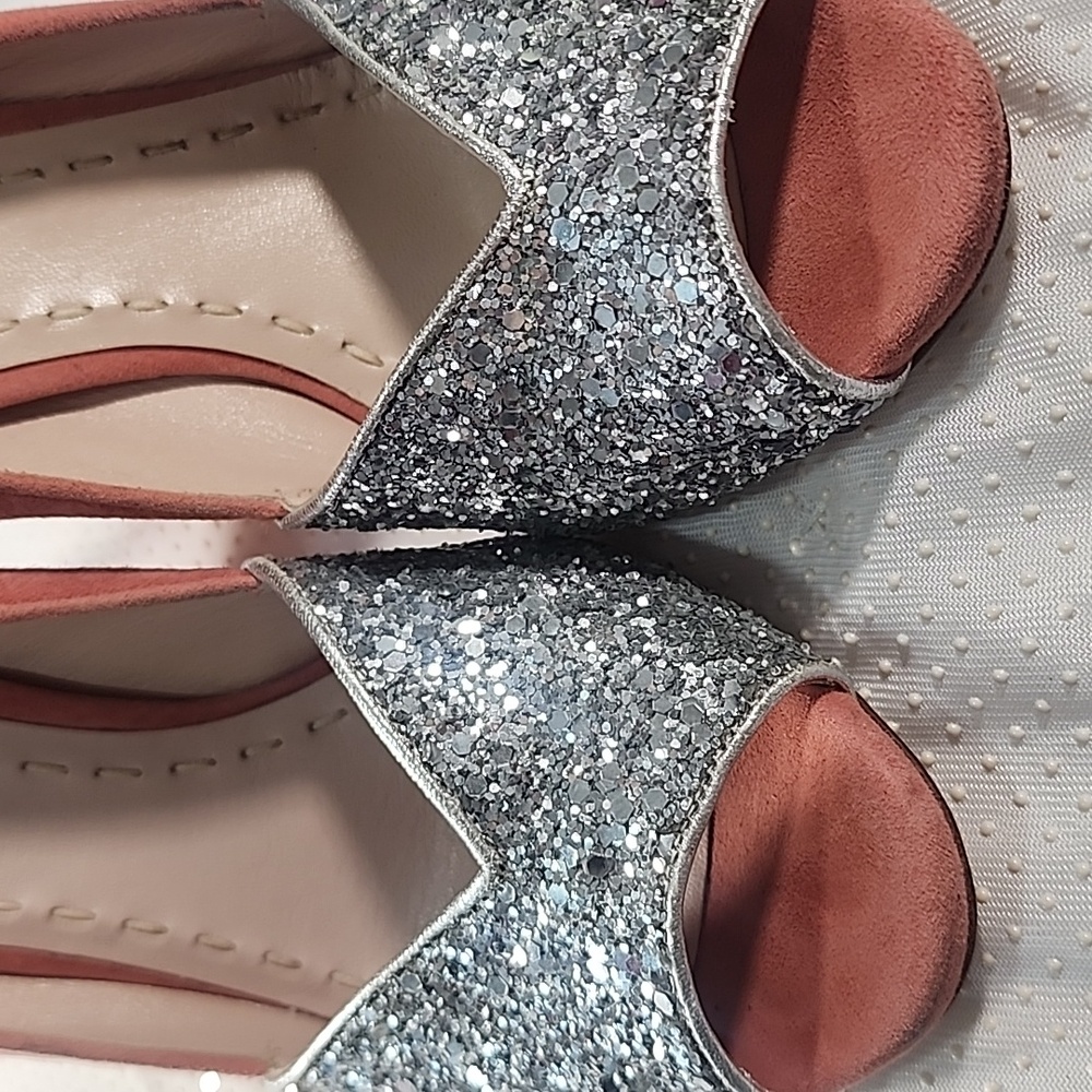 Miu Miu Silver Coral Coarse Glittery and Suede Peep Toe Pumps Heels. 37 - Picture 8 of 13